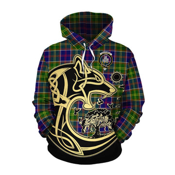 Dalrymple Tartan Cotton Hoodie with Family Crest Celtic Wolf Style Pullover Hoodie XS - Tartan Vibes Clothing