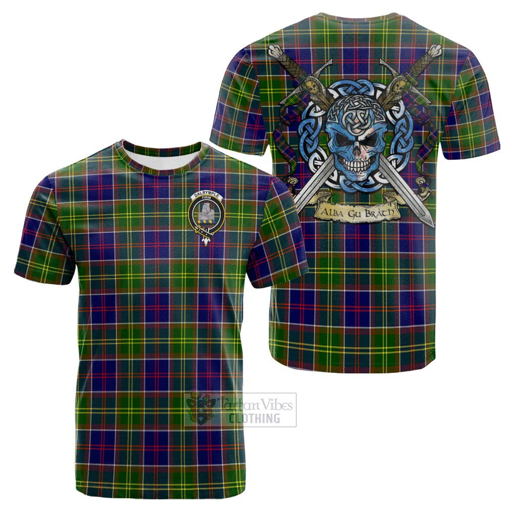 Tartan Vibes Clothing Dalrymple Tartan Cotton T-shirt with Family Crest Celtic Skull Style