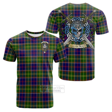 Tartan Vibes Clothing Dalrymple Tartan Cotton T-shirt with Family Crest Celtic Skull Style