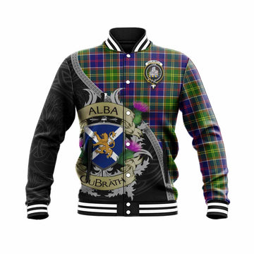 Dalrymple Tartan Family Crest Baseball Jacket Lion Rampant Royal Thistle Shield Celtic Inspired Unisex - Tartan Vibes Clothing