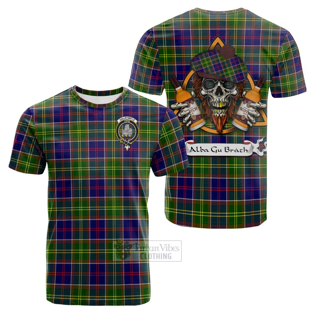 Tartan Vibes Clothing Dalrymple Tartan Cotton T-shirt with Family Crest and Bearded Skull Holding Bottles of Whiskey
