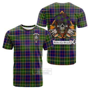 Tartan Vibes Clothing Dalrymple Tartan Cotton T-shirt with Family Crest and Bearded Skull Holding Bottles of Whiskey