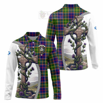 Dalrymple Tartan Long Sleeve Polo Shirt with Family Crest and St. Andrew's Cross Accented by Thistle Vines Unisex - Tartan Vibes Clothing