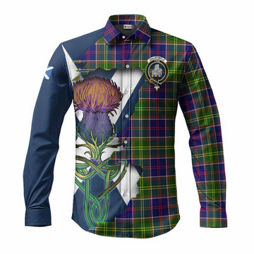 Tartan Vibes Clothing Dalrymple Tartan Family Crest Long Sleeve Button Shirt Scottish Thistle Celtic Inspired