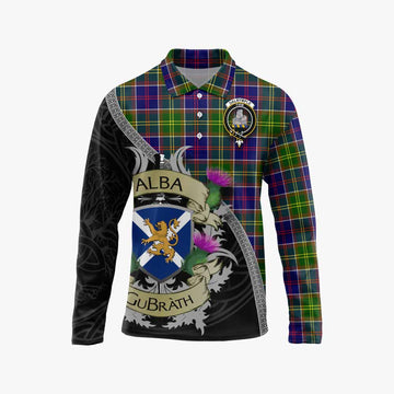 Dalrymple Tartan Family Crest Long Sleeve Polo Shirt Lion Rampant Royal Thistle Shield Celtic Inspired Unisex - Tartan Vibes Clothing