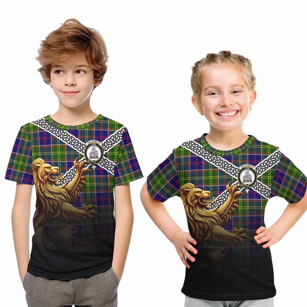 Tartan Vibes Clothing Dalrymple Crest Tartan Kid T-Shirt with Golden Lion Emblem Celtic Style