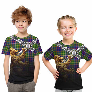 Dalrymple Crest Tartan Kid T-Shirt with Golden Lion Emblem Celtic Style
