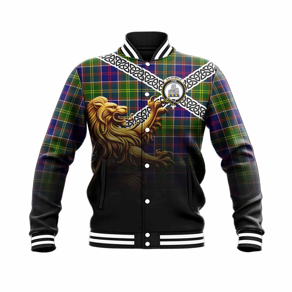 Tartan Vibes Clothing Dalrymple Crest Tartan Baseball Jacket with Golden Lion Emblem Celtic Style