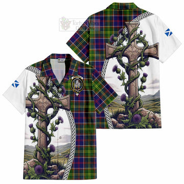 Dalrymple Tartan Hawaiian Shirt with Family Crest and St. Andrew's Cross Accented by Thistle Vines Kid - Tartan Vibes Clothing