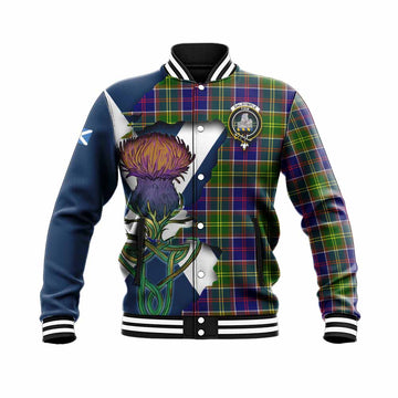 Tartan Vibes Clothing Dalrymple Tartan Family Crest Baseball Jacket Scottish Thistle Celtic Inspired