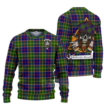 Dalrymple Tartan Ugly Sweater with Family Crest and Bearded Skull Holding Bottles of Whiskey Unisex - Tartan Vibes Clothing