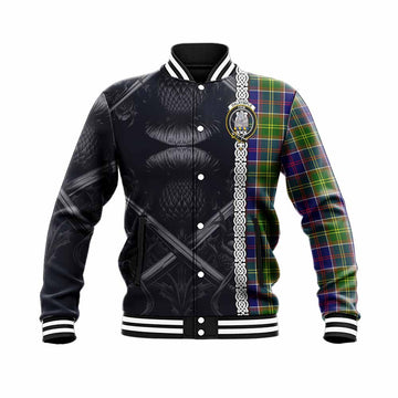 Dalrymple Tartan Baseball Jacket with Family Crest Cross Sword Thistle Celtic Vibes Unisex - Tartan Vibes Clothing