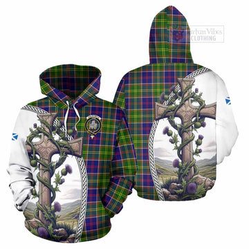 Dalrymple Tartan Hoodie with Family Crest and St. Andrew's Cross Accented by Thistle Vines Zip Hoodie - Tartan Vibes Clothing