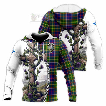 Dalrymple Tartan Knitted Hoodie with Family Crest and St. Andrew's Cross Accented by Thistle Vines Unisex Knitted Pullover Hoodie - Tartan Vibes Clothing