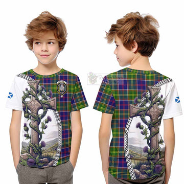 Dalrymple Tartan Kid T-Shirt with Family Crest and St. Andrew's Cross Accented by Thistle Vines Youth XL Size14 - Tartan Vibes Clothing