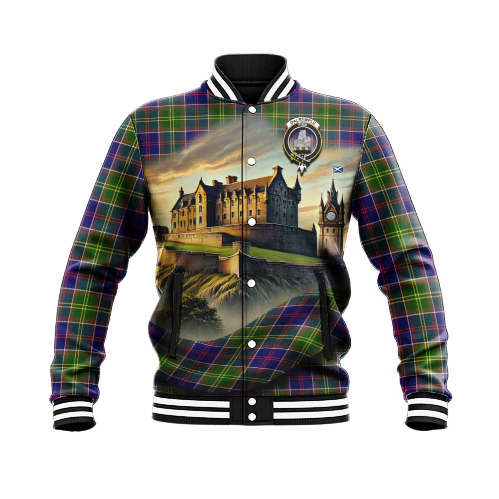 Dalrymple Tartan Family Crest Baseball Jacket with Scottish Ancient Castle Style Unisex - Tartan Vibes Clothing