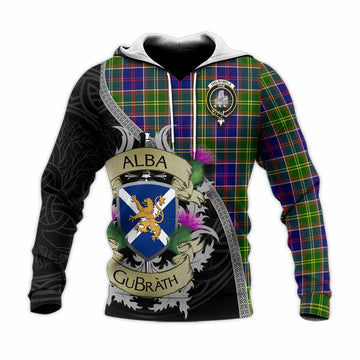 Dalrymple Tartan Family Crest Knitted Hoodie Lion Rampant Royal Thistle Shield Celtic Inspired Unisex Knitted Pullover Hoodie - Tartan Vibes Clothing