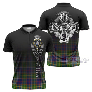 Dalrymple Tartan Zipper Polo Shirt Featuring Alba Gu Brath Family Crest Celtic Inspired Unisex - Tartan Vibes Clothing