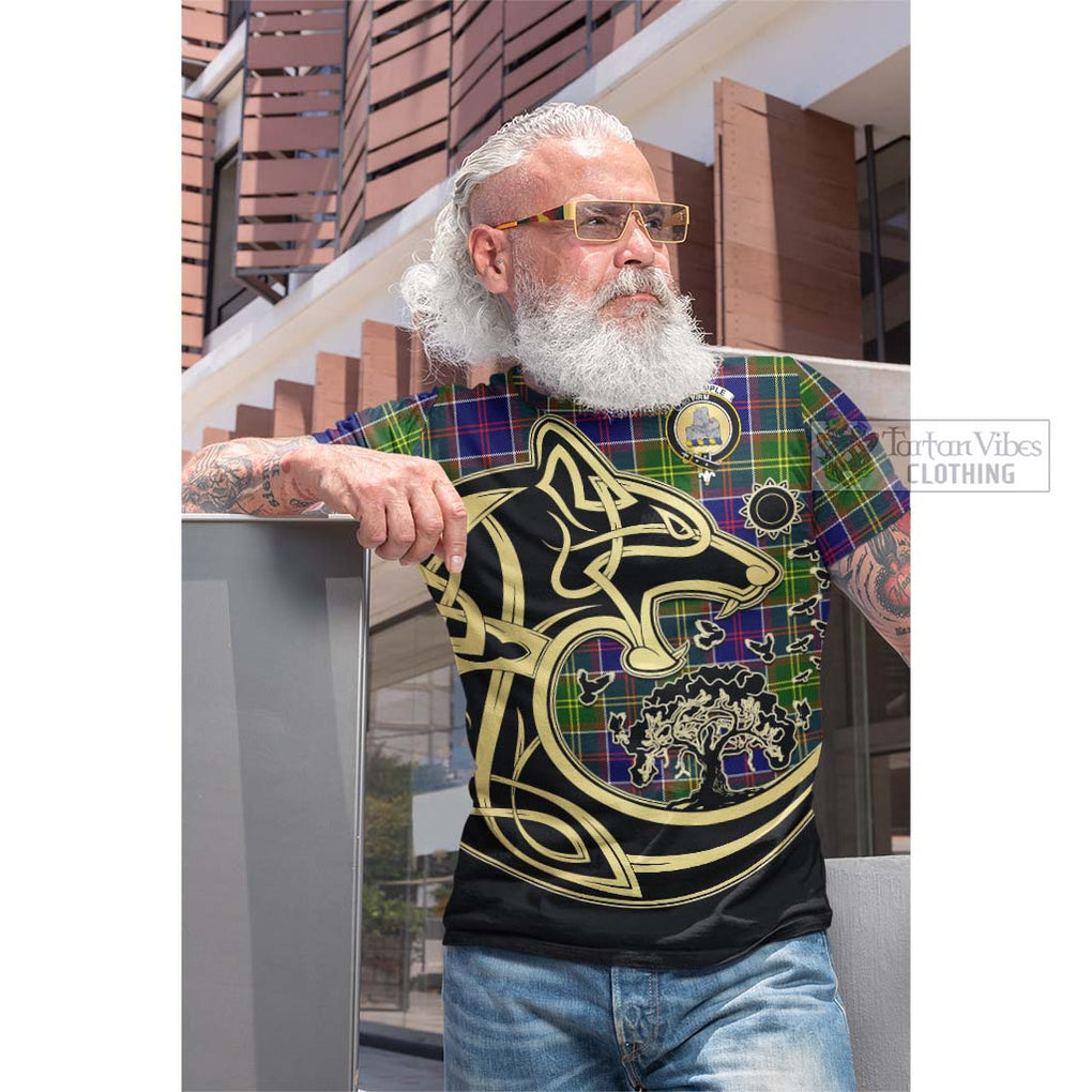 Tartan Vibes Clothing Dalrymple Tartan Cotton T-shirt with Family Crest Celtic Wolf Style