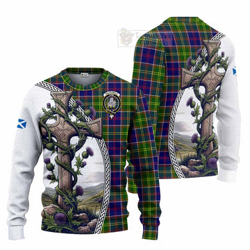 Dalrymple Tartan Knitted Sweater with Family Crest and St. Andrew's Cross Accented by Thistle Vines Unisex - Tartan Vibes Clothing