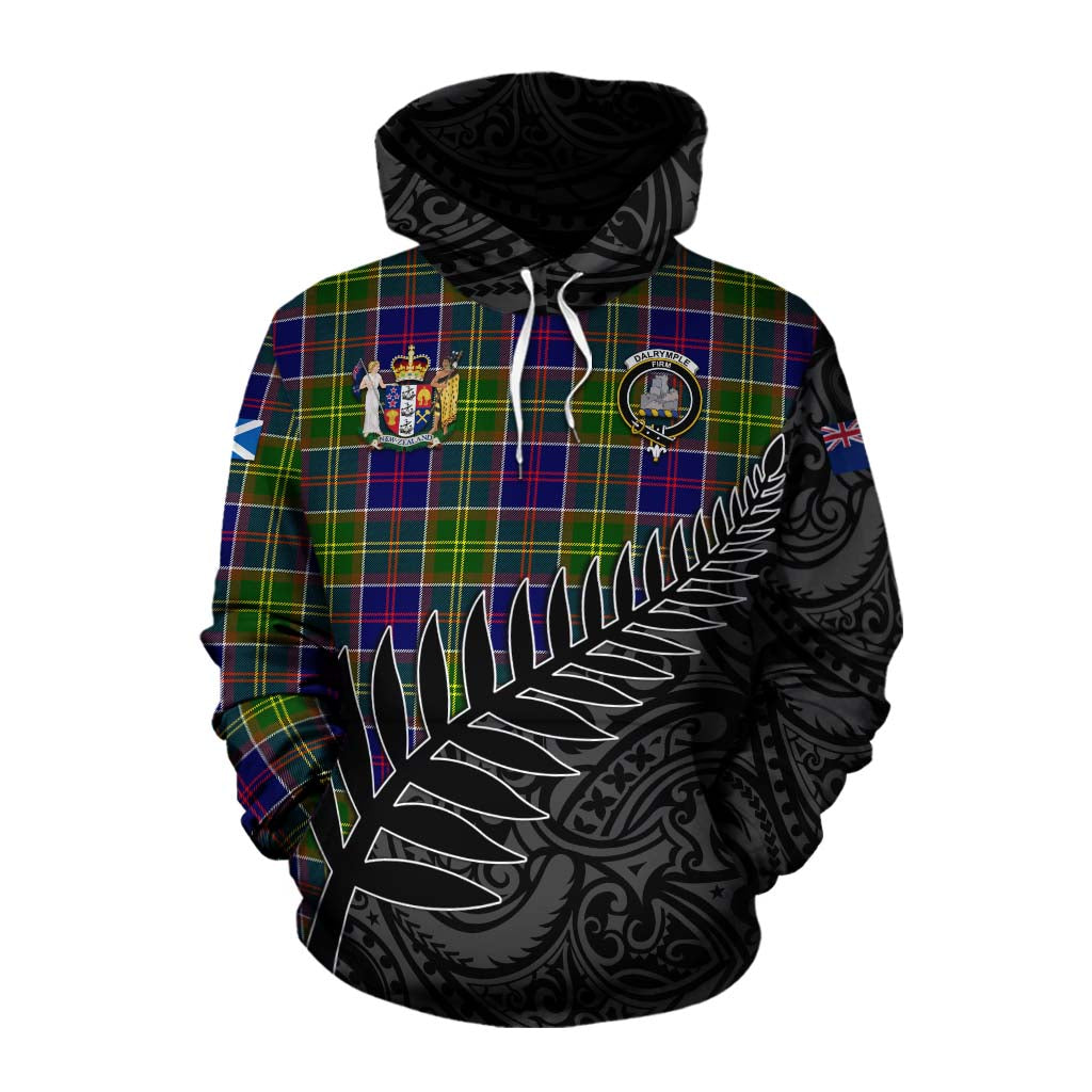 Tartan Vibes Clothing Dalrymple Crest Tartan Cotton Hoodie with New Zealand Silver Fern Half Style