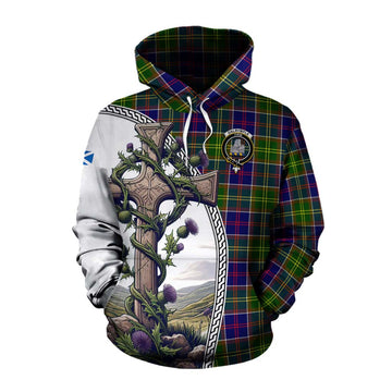 Dalrymple Tartan Cotton Hoodie with Family Crest and St. Andrew's Cross Accented by Thistle Vines Pullover Hoodie XS - Tartan Vibes Clothing