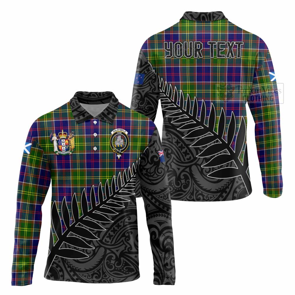 Tartan Vibes Clothing Dalrymple Crest Tartan Long Sleeve Polo Shirt with New Zealand Silver Fern Half Style