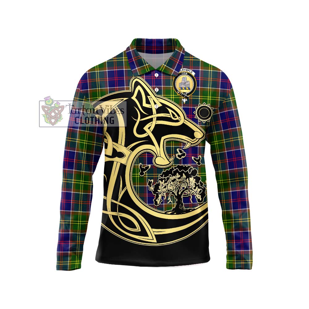 Dalrymple Tartan Long Sleeve Polo Shirt with Family Crest Celtic Wolf Style Unisex - Tartan Vibes Clothing