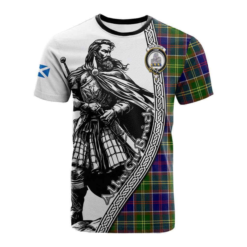 Dalrymple Tartan Clan Crest Cotton T-shirt with Highlander Warrior Celtic Style