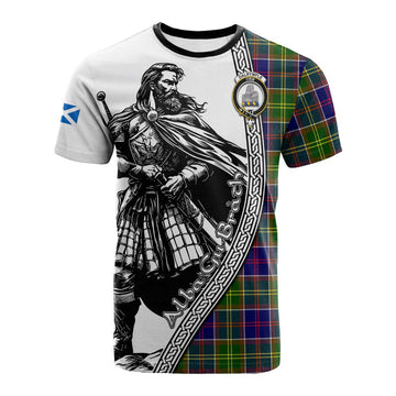 Dalrymple Tartan Clan Crest Cotton T-shirt with Highlander Warrior Celtic Style