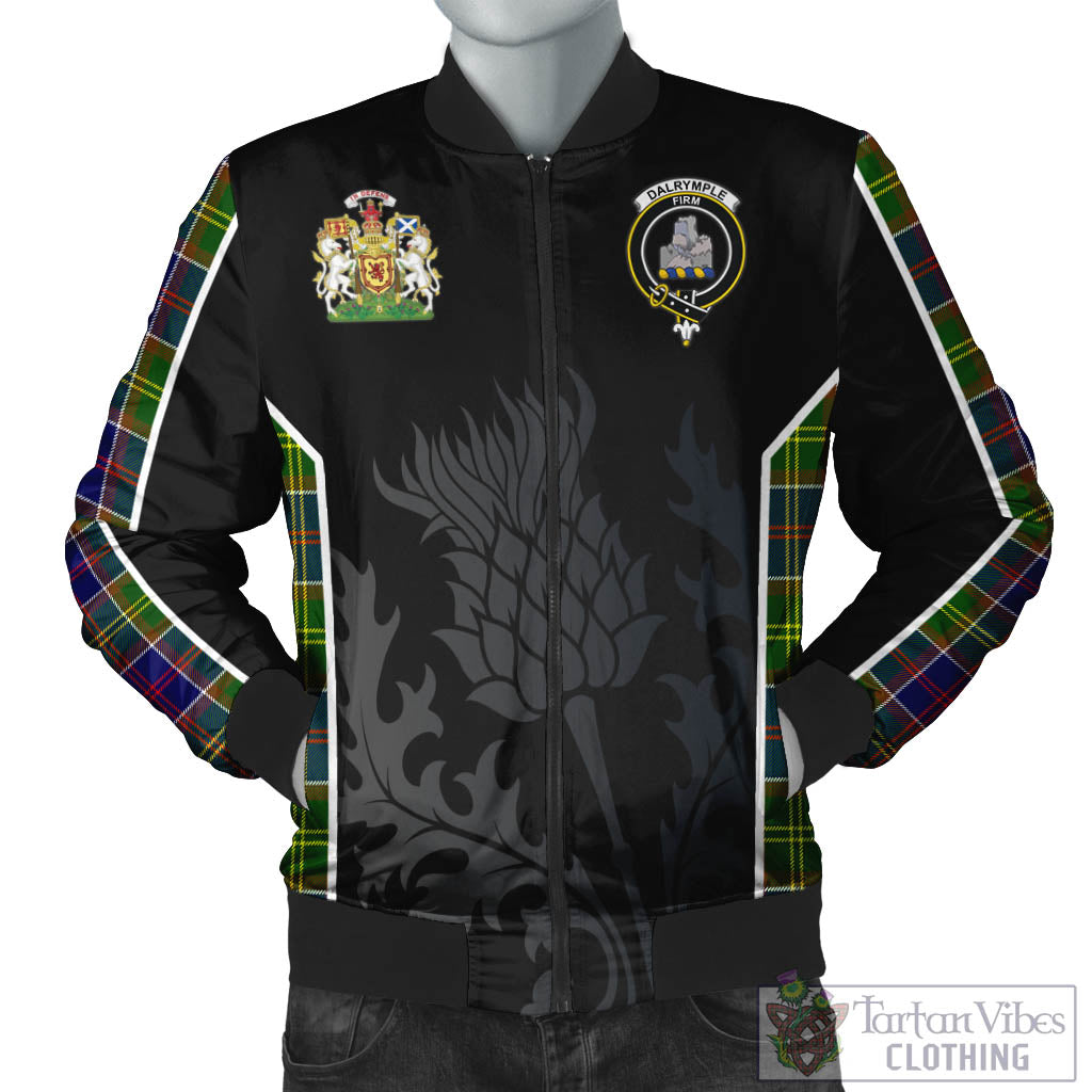 Tartan Vibes Clothing Dalrymple Tartan Bomber Jacket with Family Crest and Scottish Thistle Vibes Sport Style