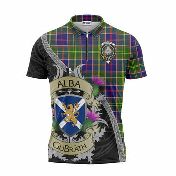 Dalrymple Tartan Family Crest Zipper Polo Shirt Lion Rampant Royal Thistle Shield Celtic Inspired Unisex - Tartan Vibes Clothing