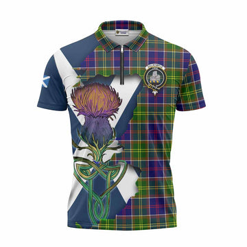 Tartan Vibes Clothing Dalrymple Tartan Family Crest Zipper Polo Shirt Scottish Thistle Celtic Inspired