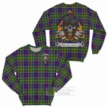 Dalrymple Tartan Sweatshirt with Family Crest and Bearded Skull Holding Bottles of Whiskey Unisex - Tartan Vibes Clothing