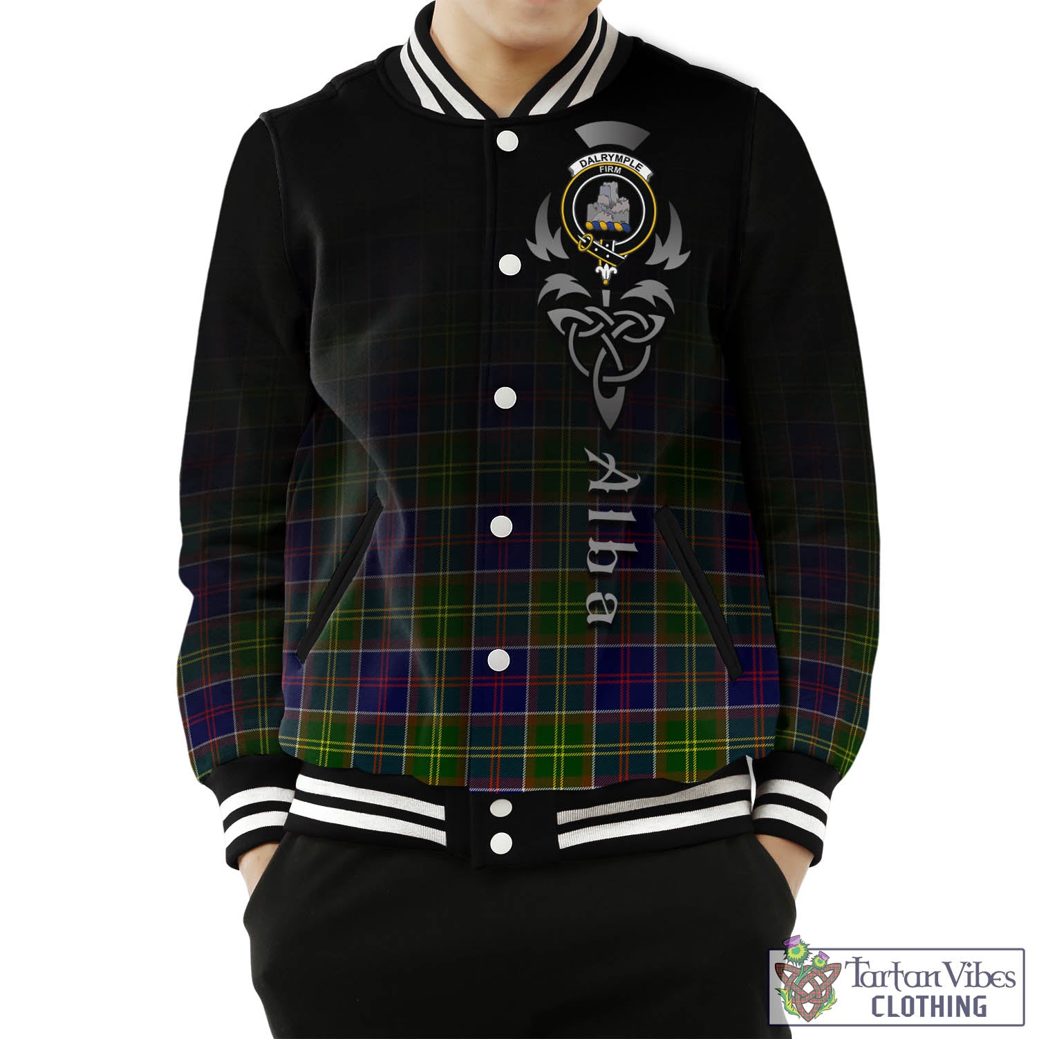 Dalrymple Tartan Baseball Jacket Featuring Alba Gu Brath Family Crest Celtic Inspired Unisex - Tartan Vibes Clothing