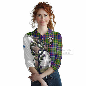 Dalrymple Tartan Women's Casual Shirt with Family Crest and St. Andrew's Cross Accented by Thistle Vines Female - Tartan Vibes Clothing