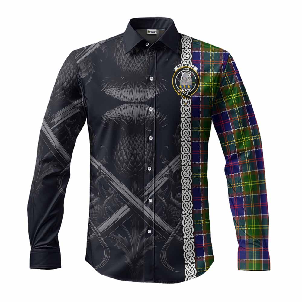 Tartan Vibes Clothing Dalrymple Tartan Long Sleeve Button Shirt with Family Crest Cross Sword Thistle Celtic Vibes