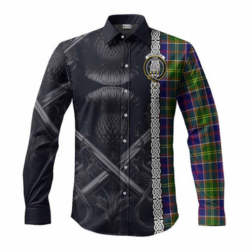 Tartan Vibes Clothing Dalrymple Tartan Long Sleeve Button Shirt with Family Crest Cross Sword Thistle Celtic Vibes