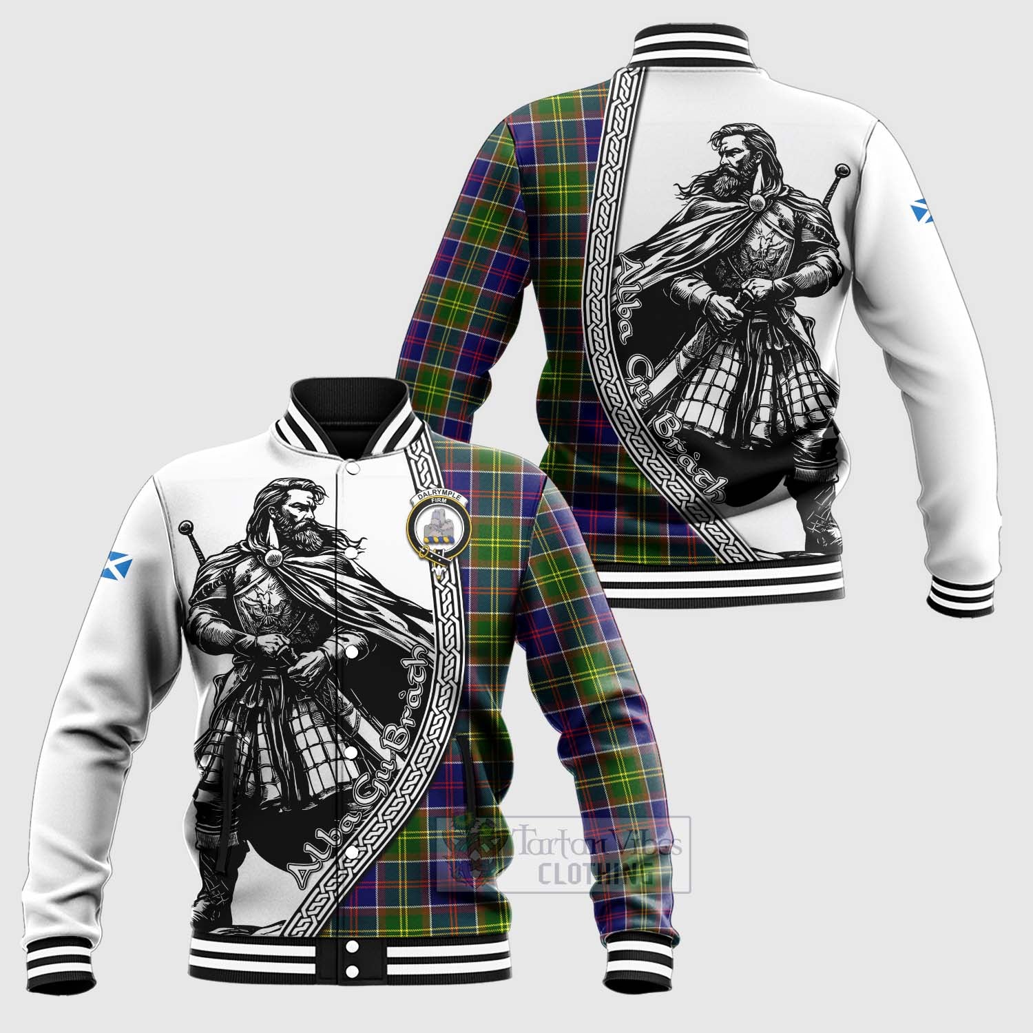 Dalrymple Tartan Clan Crest Baseball Jacket with Highlander Warrior Celtic Style Unisex - Tartan Vibes Clothing