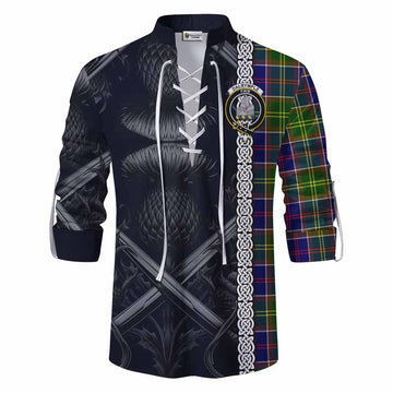 Dalrymple Tartan Ghillie Kilt Shirt with Family Crest Cross Sword Thistle Celtic Vibes Men - Tartan Vibes Clothing