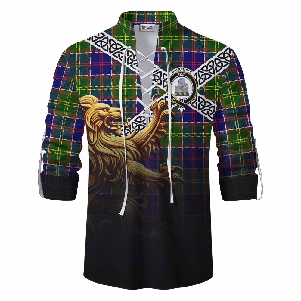 Tartan Vibes Clothing Dalrymple Crest Tartan Ghillie Kilt Shirt with Golden Lion Emblem Celtic Style