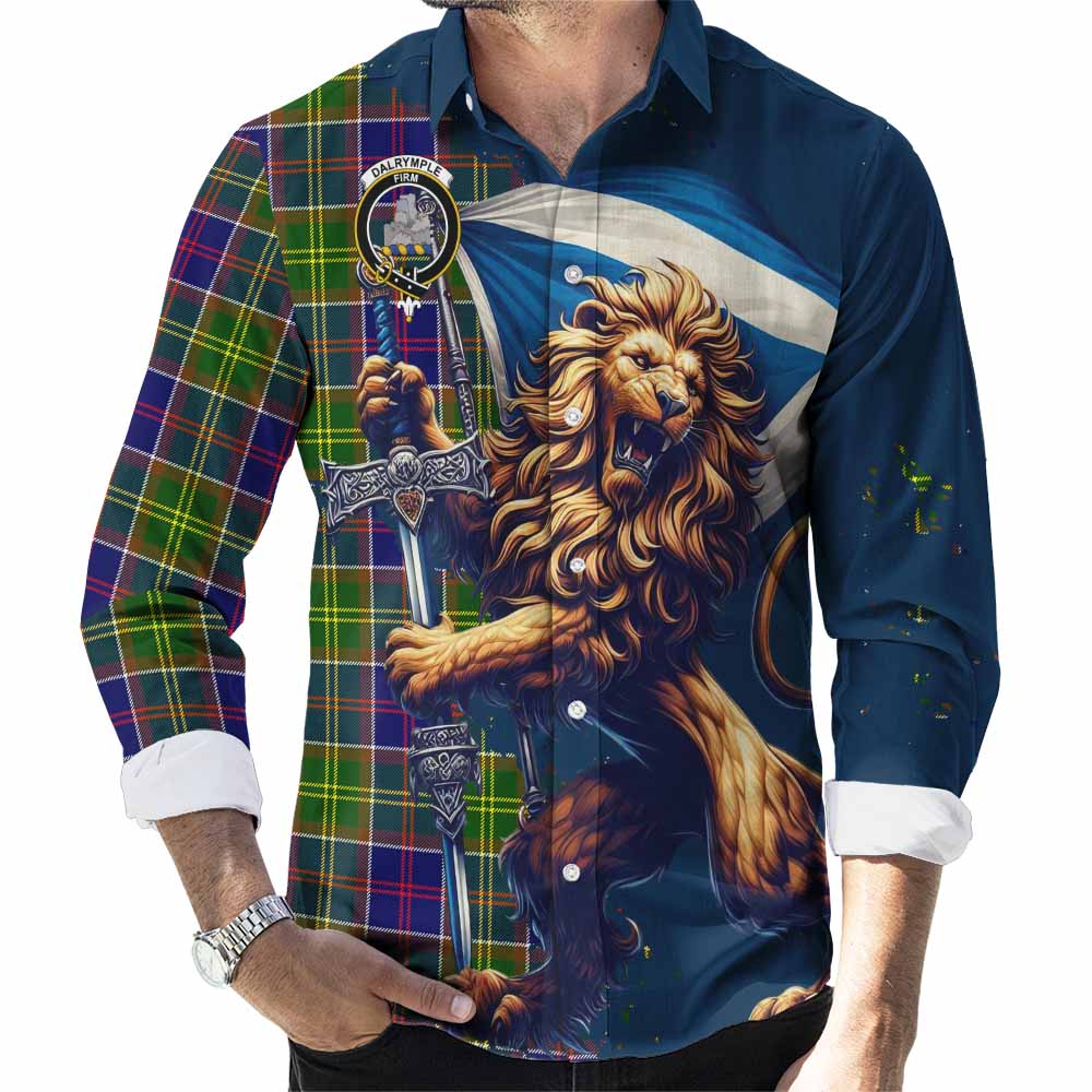Dalrymple Tartan Family Crest Long Sleeve Button Shirt with Scottish Majestic Lion Men's Shirt S - Tartan Vibes Clothing