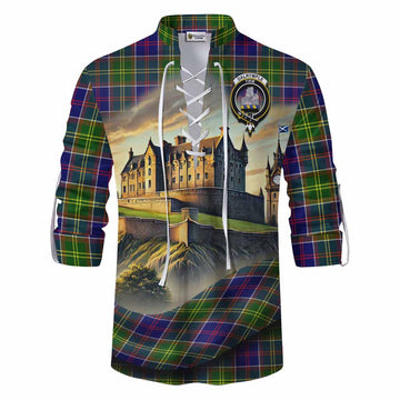 Dalrymple Tartan Family Crest Ghillie Kilt Shirt with Scottish Ancient Castle Style Men - Tartan Vibes Clothing
