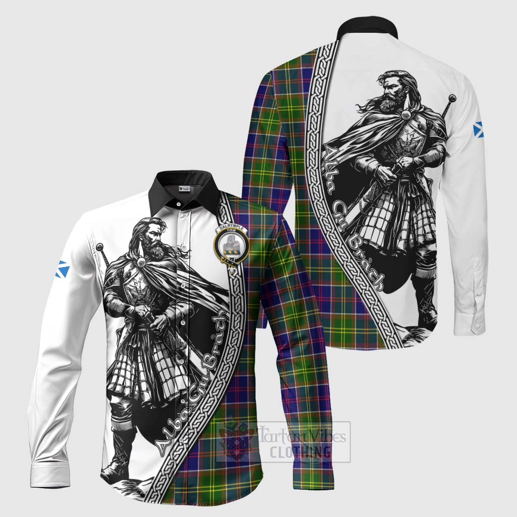 Dalrymple Tartan Clan Crest Long Sleeve Button Shirt with Highlander Warrior Celtic Style Men's Shirt S - Tartan Vibes Clothing