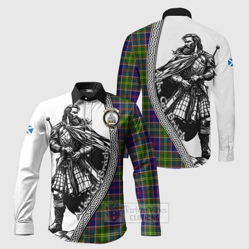 Dalrymple Tartan Clan Crest Long Sleeve Button Shirt with Highlander Warrior Celtic Style Men's Shirt S - Tartan Vibes Clothing
