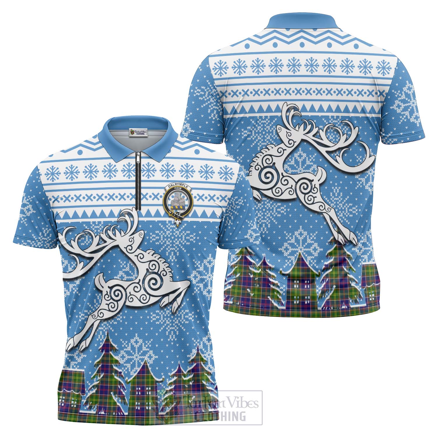 Tartan Vibes Clothing Dalrymple Clan Christmas Zipper Polo Shirt Celtic Reindeer Style