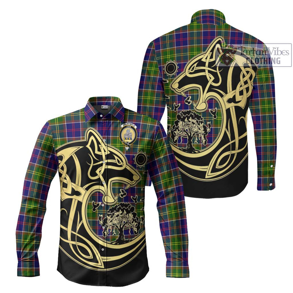 Dalrymple Tartan Long Sleeve Button Shirt with Family Crest Celtic Wolf Style Men's Shirt S - Tartan Vibes Clothing