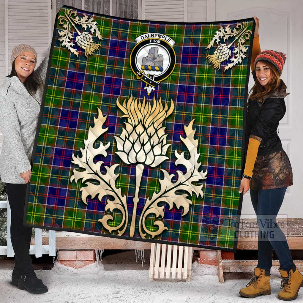 Tartan Vibes Clothing Dalrymple Tartan Quilt with Family Crest and Golden Thistle Style