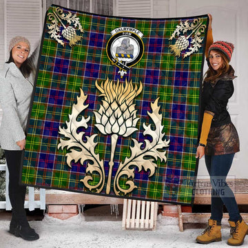 Tartan Vibes Clothing Dalrymple Tartan Quilt with Family Crest and Golden Thistle Style