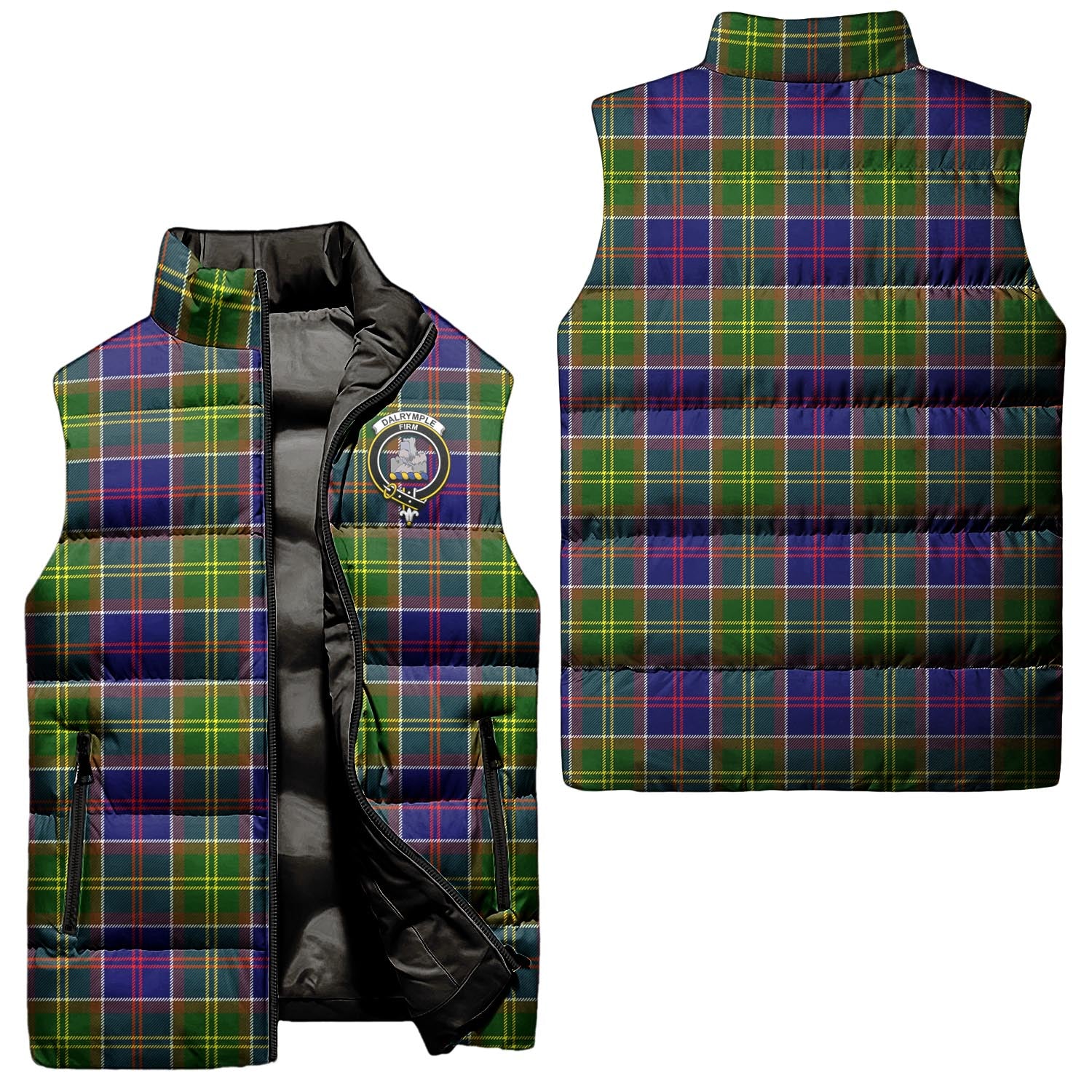 Dalrymple Tartan Sleeveless Puffer Jacket with Family Crest Unisex - Tartan Vibes Clothing